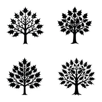 Four stylized black trees with leafy canopies isolated on white background Stock Illustration
