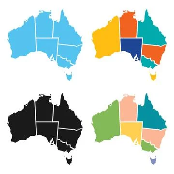 Four stylized maps of Australia with different color schemes arranged Ilustração Stock
