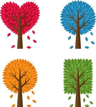 Four Stylized Trees Representing Seasons and Shapes. Stock Illustration