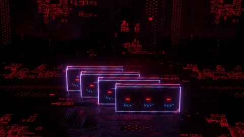 Four stylized working video adapters against the background of a flashing red pr Stock Footage 166696773