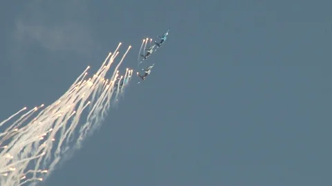 Four Su-30SM Flanker-C fighters perform group flight with shooting heat traps. Stock-Footage 117958604
