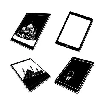 Four tablets displaying black and white of taj mahal and businessman msea s.. Stock Illustration