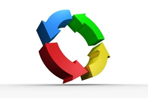 Four thick arrows are forming continuous loop in 3D render, hovering above plain Stock Photos