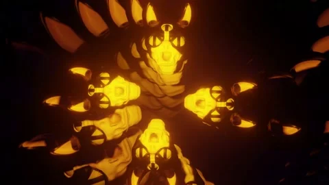 Four Three Eyes Demon Angry Abstract Cat Head Yellow Light Rotating in Deep Void Stock Footage 133618196
