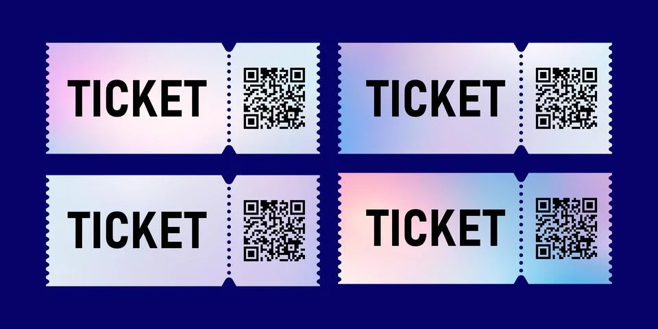 Four tickets designed for an event, each displaying a unique QR code for vali Stock-Illustration