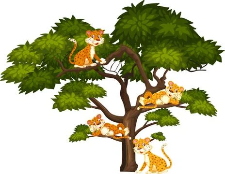 Four tigers sitting on the big tree Illustrazione stock