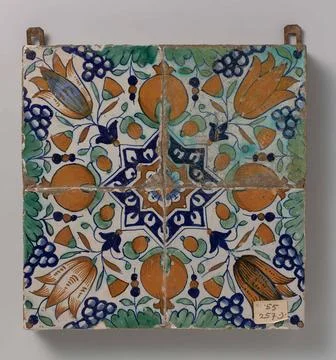 Four tiles with pattern of grape roses, pomegranates, tulips and stars. Fi... Stock Photos