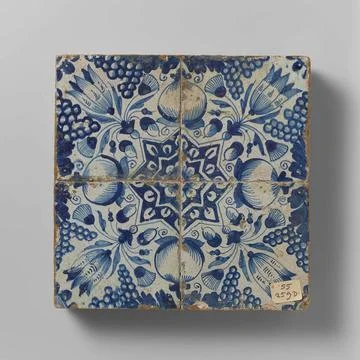 Four tiles with pattern of grape roses, pomegranates, tulips and stars. Fo... Stock Photos