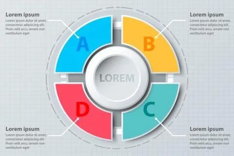 Four topics colorful pie chart 3d paper with circle in center for website pre Stock Illustration