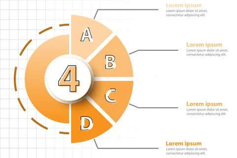 Four topics of Orange half pie chart with 3d paper circle in center for websi Stock Illustration