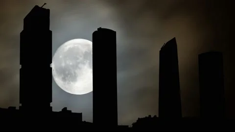 Four Towers Skyline by Night, Time Lapse By Night with Full Moon, Madrid, Spain Stock Footage 160984809