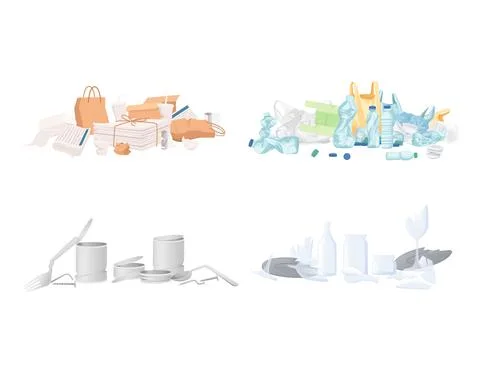 Four types of garbage paper plastic glass and metal waste vector illustration on Stock Illustration