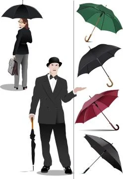 Four types of opened rain umbrella. Woman and gentleman with umbrella. Vector Stock Illustration