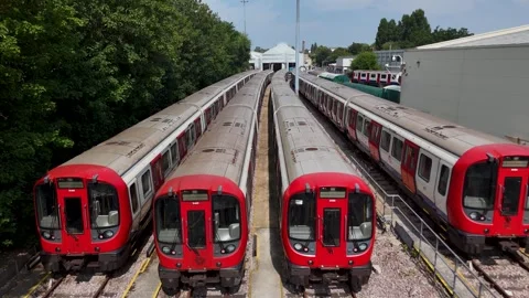 Four Underground Trains Lined Up at Ealing Common Depot Stock Footage 343474303