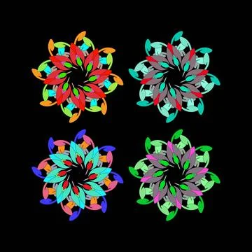 Four unique abstract and vibrant mandala designs displayed on a striking bl.. Stock Illustration