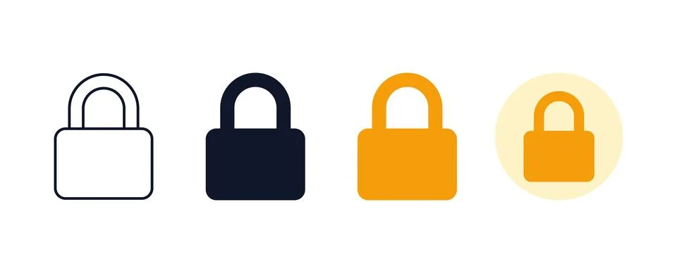 Four variations of a padlock security icon displayed in outline solid and m.. Stock Illustration