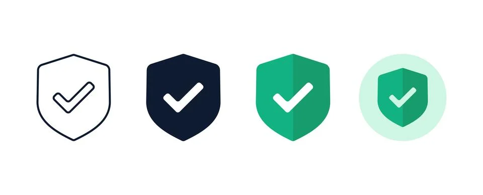 Four variations of a security shield icon featuring a checkmark symbol in l.. 스톡 일러스트