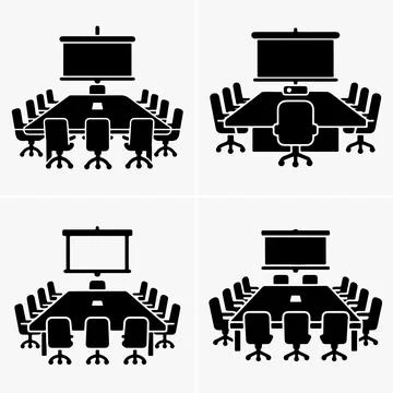 Four variations show conference table arrangements with chairs and projector Stock Illustration