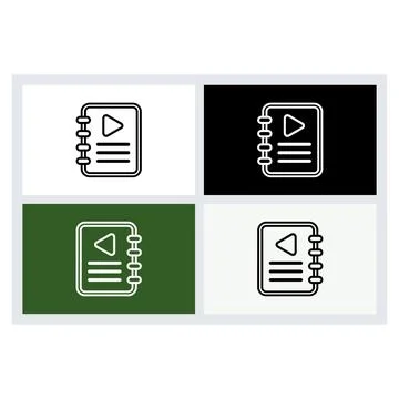 Four variations of a spiral bound notebook icon with a play button symbol Stock Illustration