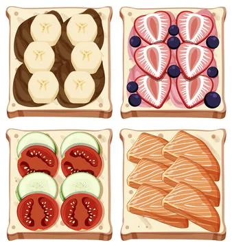 Four Varieties of Open-Faced Toast with Fresh Toppings Stock Illustration