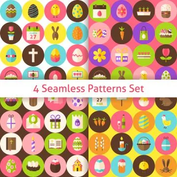 Four Vector Flat Happy Easter Seamless Pattern Set with Circles Stock Illustration