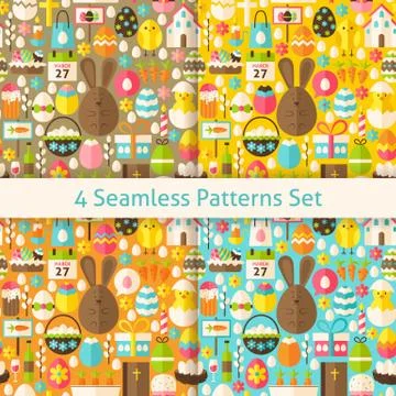 Four Vector Flat Happy Easter Seamless Patterns Set Illustrazione stock