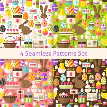 Four Vector Flat Happy Easter Holiday Seamless Patterns Set Illustrazione stock