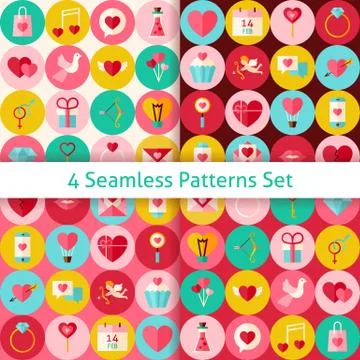 Four Vector Flat Happy Valentine Day Seamless Patterns Set with Circles Stock Illustration