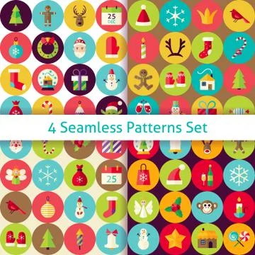 Four Vector Flat Merry Christmas Seamless Patterns Set with Circles Stock Illustration