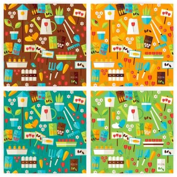 Four Vector Flat Nature Garden Spring Flowers Patterns Set Stock Illustration