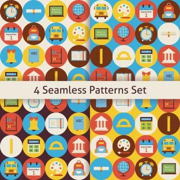 Four Vector Flat Seamless Back to School Patterns Set with Colorful Circles Stock Illustration