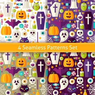 Four Vector Flat Seamless Halloween Party Patterns Set Stock Illustration