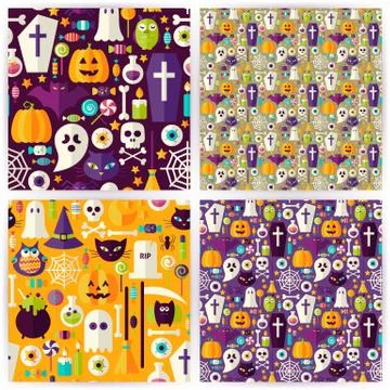 Four Vector Flat Seamless Halloween Party Patterns Collection Illustrazione stock