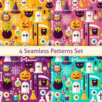 Four Vector Flat Seamless Scary Halloween Patterns Set 스톡 일러스트