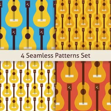 Four Vector Flat Seamless String Music Instrument Guitar Patterns Set Illustrazione stock