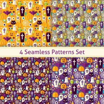 Four Vector Flat Seamless Trick or Treat Halloween Party Patterns Set Stockillustratie