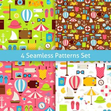 Four Vector Flat Summer Holidays and Travel Vacation Patterns Set Illustrazione stock