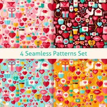 Four Vector Flat Valentine Day Seamless Patterns Set 스톡 일러스트
