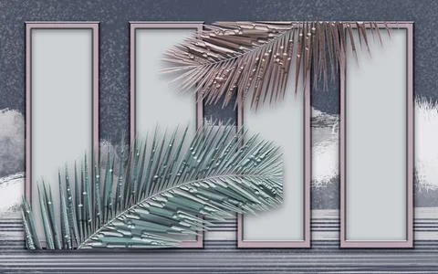Four vertical frames and abstract tropical leaves on a gray grunge background Stock Illustration