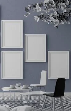 Four vertical white frame mock up, white frame on blue wall, 3d illustration Stock Illustration