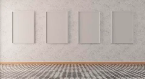 Four vertical white frame mock up, wooden frame and chairs on red wall, 3d il Stock Photos