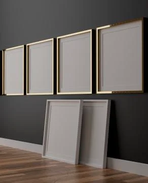 Four vertical white frame mockup, golden frame on black wall, 3d illustration Stock Illustration