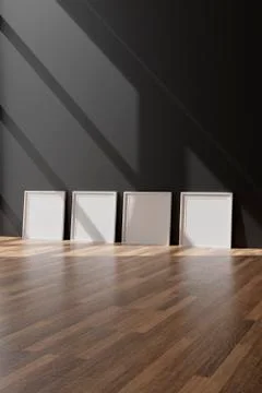 Four vertical white frame mockup, white frame on black wall, 3d illustration Stock Illustration