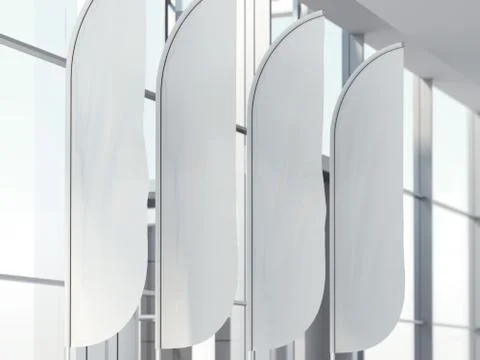 Four vertical wind banners in office. 3d rendering イラスト素材