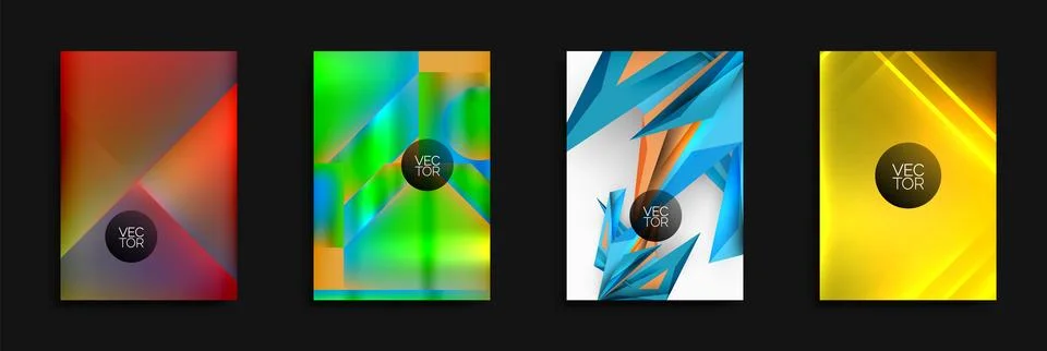 Four vibrant abstract backgrounds. Each features geometric shapes, gradients, Stock Illustration