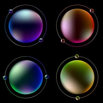 Four vibrant futuristic 3D gradient spheres with cosmic orbital rings and m.. Stock Illustration