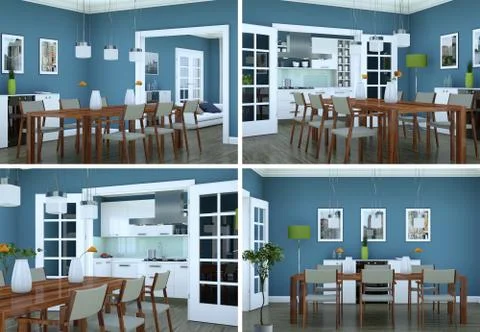 Four views of dining room interior design in modern appartment Stock Illustration