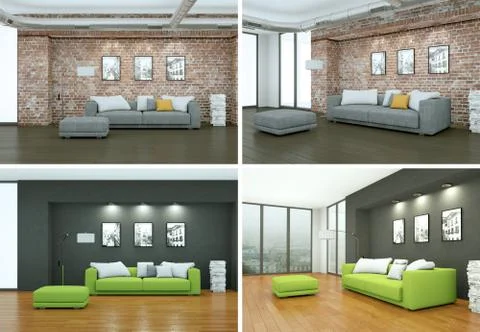 Four views of modern interior loft design Stock Illustration