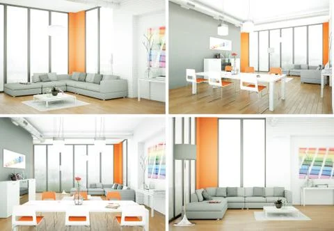 Four views of modern interior loft design Stock Illustration