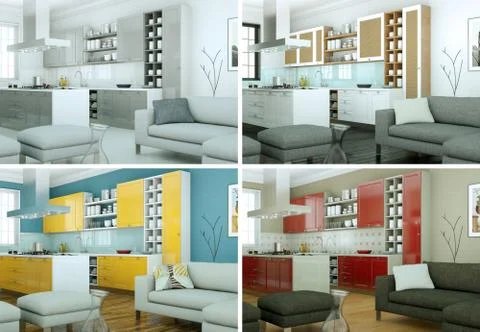 Four views of modern interior loft design Stock Illustration